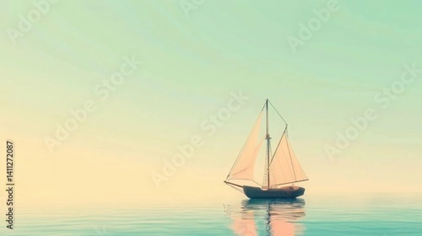 Obraz Solitude at Sea, Sailboat on Calm Waters, Serene sailboat on tranquil ocean at sunrise.