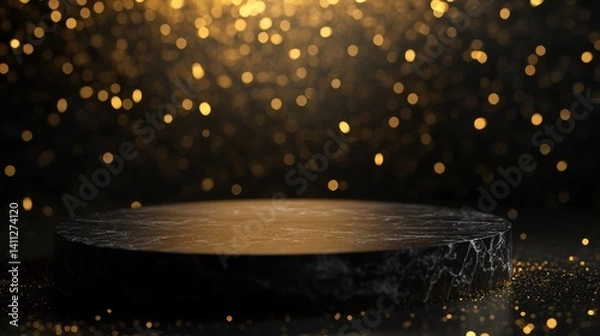 Fototapeta Elegant black marble podium with shimmering golden bokeh background for product display or award presentation in a luxurious setting