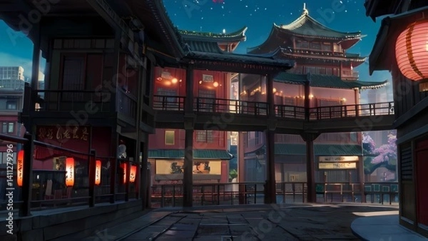 Fototapeta ゲーム背景　中華ファンタジー九龍城があるサイバー香港風景