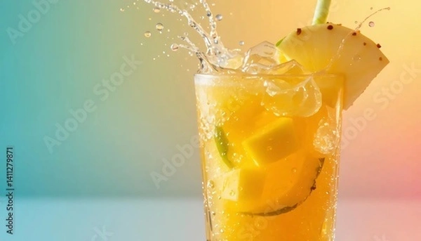 Fototapeta Refreshing Pineapple Mango Summer Drink Recipe Tropical Delight with Ice and Splashing Water