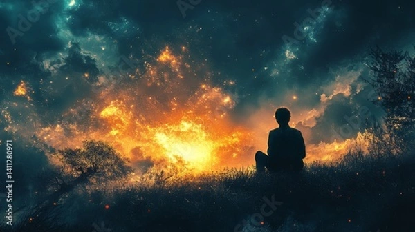 Fototapeta Silhouette of a person sitting on a hillside, gazing at a vibrant sunset with swirling clouds