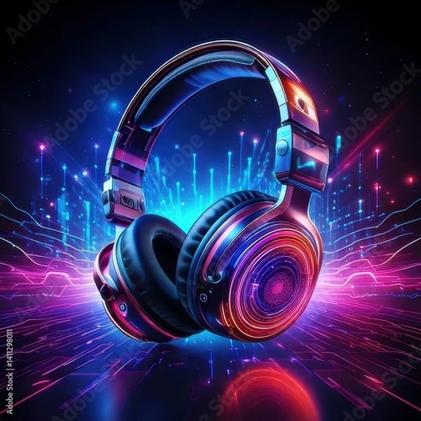 Fototapeta A vibrant image of stylish headphones emitting colorful sound waves, symbolizing music and technology in a dynamic visual display.