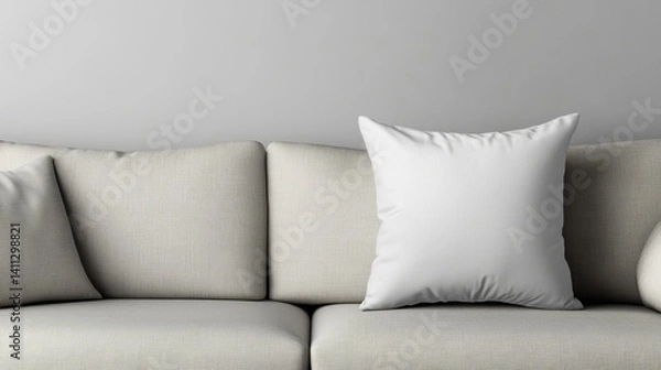 Fototapeta Create me a mock up A of MORDERN LIVING SPACE a pillow that is white that is laying on the couch with no distractions, focusing solely on the pillow. 