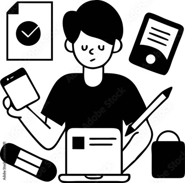 Fototapeta person multitasking with various digital devices and documents, illustrating busy and productive lifestyle. image includes laptop, smartphone, tablet, and paperwork, symbolizing modern work