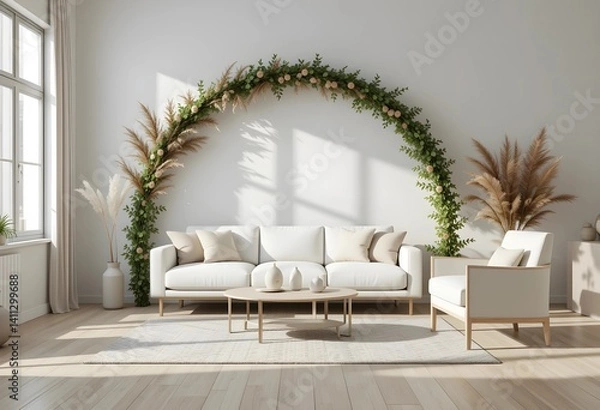 Obraz Living room interior mock-up, modern and minimalist design. White sofa and armchair, stylish modern furniture layout, decorative green arch with trendy dried flowers. 3d render. 