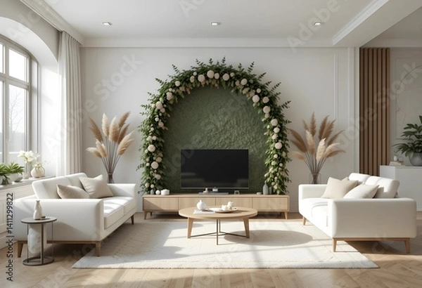 Obraz Living room interior mock-up. Neutral color palette, soft natural lighting, cozy atmosphere. 3D render, photorealistic, high detail, clean aesthetic, Scandinavian and contemporary influences.