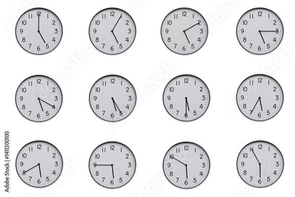 Obraz A set of 12 wall clocks, each showing a different time at 5-minute intervals from 05:00 to 05:55 or 17:00 to 17:55. Clean white background, ideal for time-related concepts or educational use.
