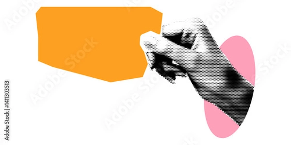 Fototapeta hand holding paper note halftone art collage element. Paper clipping shape. Modern retro vector illustration for mixed media design