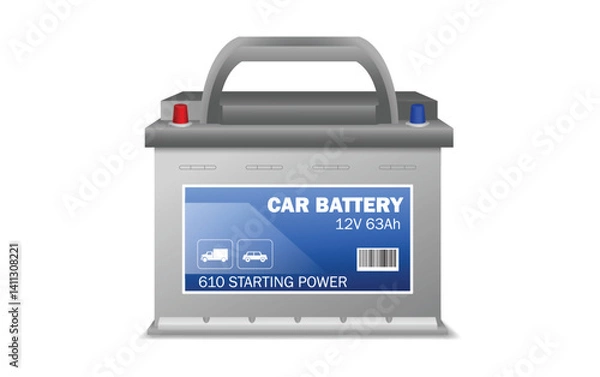 Fototapeta Set illustration of car battery featuring a clear label that reads "CAR BATTERY 12V 63Ah" along with icons of vehicles and a barcode. The battery includes color-coded terminals