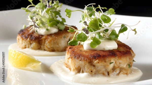 Fototapeta Elegant photorealistic appetizer of two golden crab cakes with creamy sauce and microgreens on a white plate