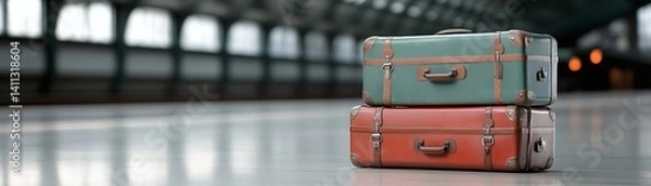 Obraz Vintage suitcases stacked on railway platform