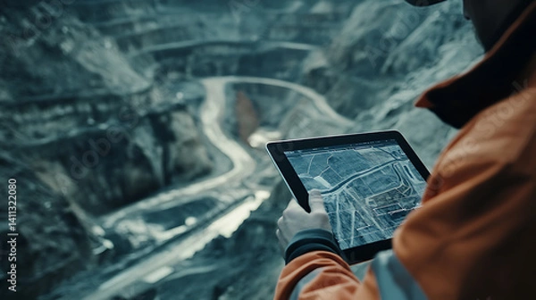 Fototapeta Mining engineer reviewing digital plans of the mining site on a tablet. Featuring technology and analysis
