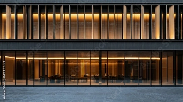 Fototapeta Close-up of a financial building’s facade with rows of windows and metallic finishes, showcasing sleek, modern corporate architecture.

