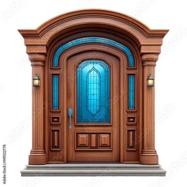 Fototapeta Wooden Door with Stained Glass Arched Frame 3D