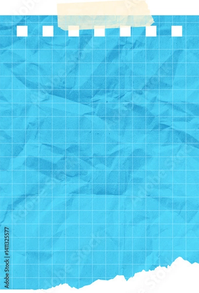 Fototapeta Crumpled torn ripped notepaper sheet with grid pattern texture isolated on transparent background. Crumpled grid paper texture with torn edges and adhesive tape