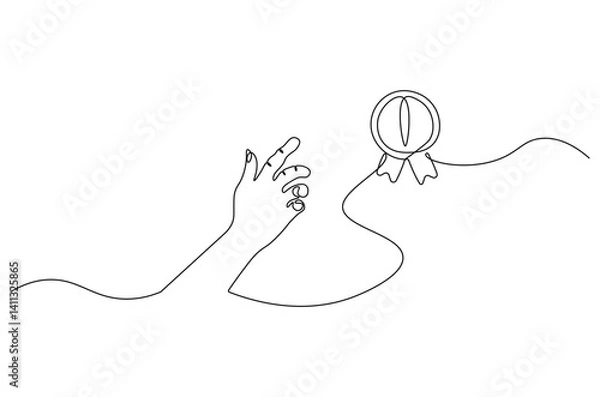 Fototapeta Hand with Winning badge in one continuous line drawing. Single line drawing illustration of Award winning ribbon with hand.  Symbol of a winner concept vector art. Doodle line illustration.