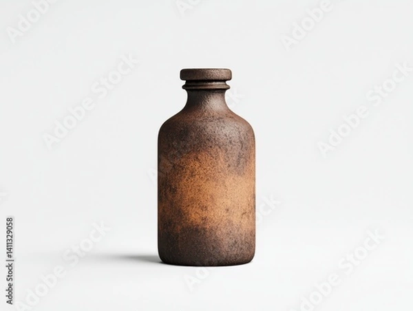 Fototapeta A rustic, aged bottle with a textured surface, showcasing a warm brown color, set against a minimalistic background.