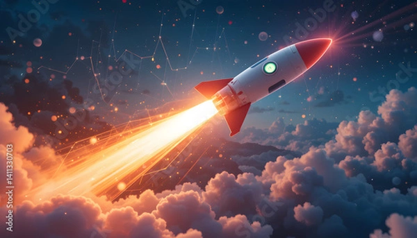 Obraz A rocket ship with business graph bar chart, Rocket business graph background 