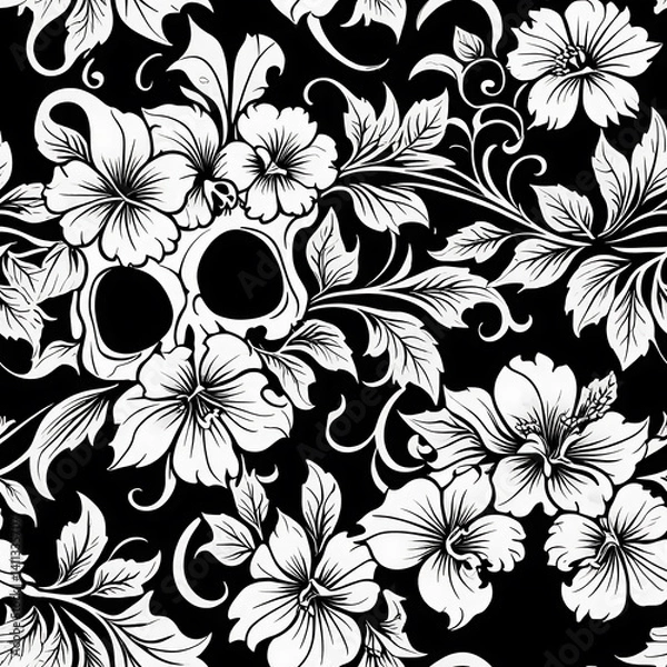 Fototapeta Elegant Skull and Floral Pattern Black White Design Seamless Repeat