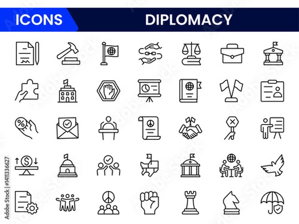 Fototapeta Diplomacy line icons collection. UI icon set in a flat design. Excellent signed icon collection. Thin outline icons pack. Vector illustration