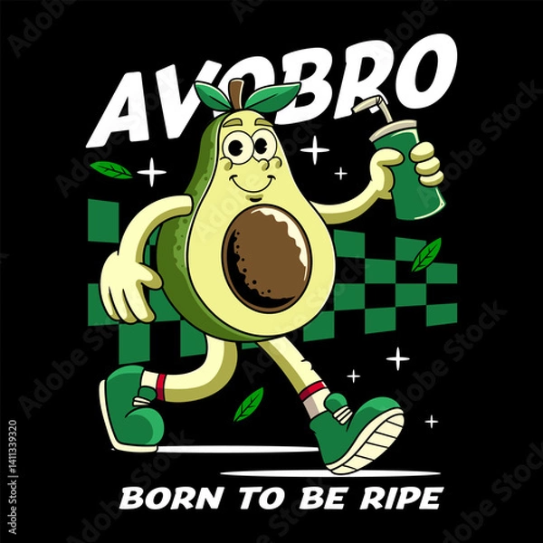 Fototapeta Happy Avocado Tropical Summer Vibes Cartoon Character in Retro Vintage Style