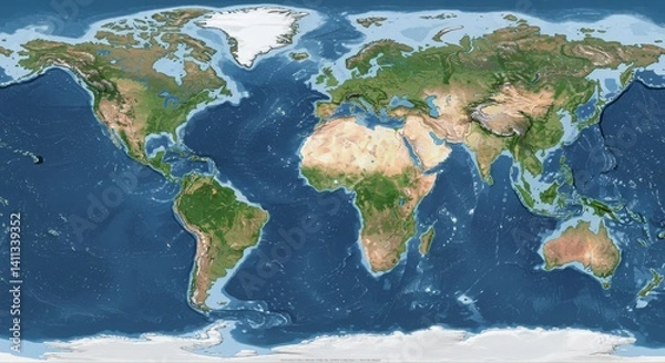 Obraz Global Earth Map Topography - Detailed satellite of Earth showing continents, oceans, and topography. High-resolution world map