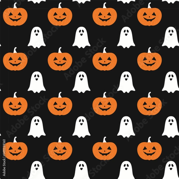 Obraz Halloween Pattern with Pumpkins and Ghosts on Black Background