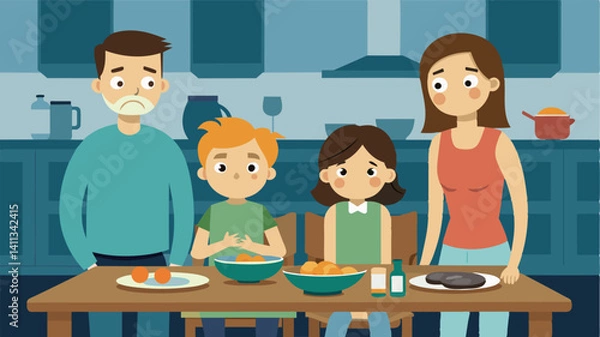 Fototapeta In a dilapidated kitchen a family of four gathers around their wornout dinner table their faces crestfallen as they realize there wont be enough food to go around.. Vector illustration