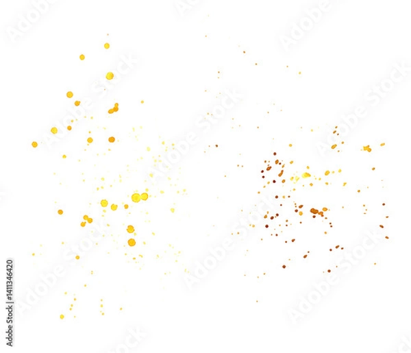Fototapeta Yellow and brown abstract watercolor splashes, drops and blots. Hand drawn splatter paint. Chaotic stains design element isolated from background for summer and fall backdrop. Sketch of dynamic blobs.