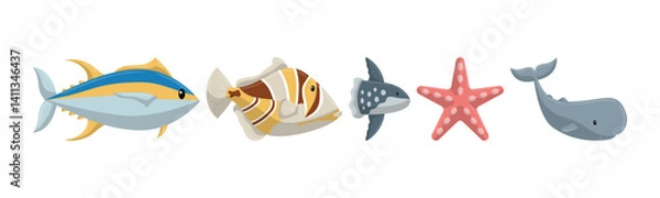 Fototapeta A vibrant cartoon illustration featuring various marine creatures like a tuna, tropical fish, starfish, whale, and sunfish, rendered in a playful and colorful style.