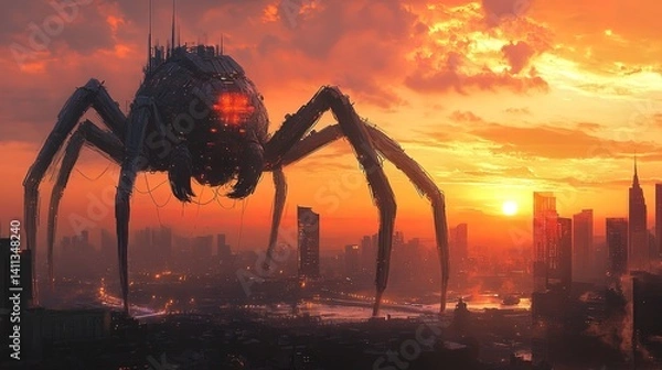Fototapeta A concept art of a giant robotic spider repairing a skyscraper at sunset, glowing with futuristic tech