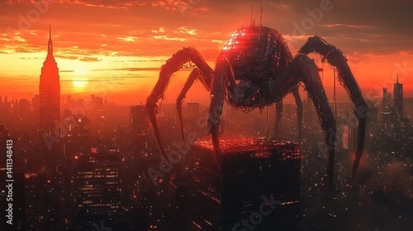Fototapeta A concept art of a giant robotic spider repairing a skyscraper at sunset, glowing with futuristic tech