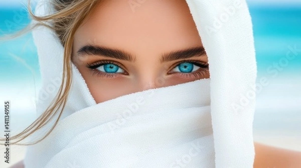 Obraz mysterious beauty with captivating azure eyes framed by soft white fabric against a tranquil coastal backdrop evokes serenity and allure in the realm of visual storytelling