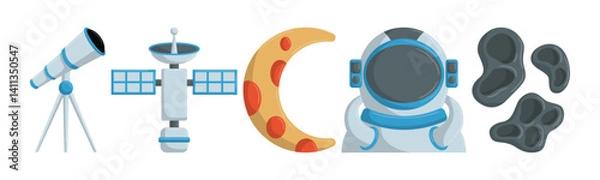 Fototapeta This image features stylized cosmic exploration elements arranged in a vector illustration. It includes astronaut, telescope, satellite, moon and craters, perfect for illustrating concepts of space an