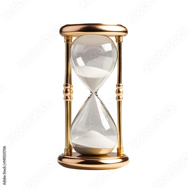 Fototapeta Isolated hourglass with golden frame and white sand against a transparent background studio shot png