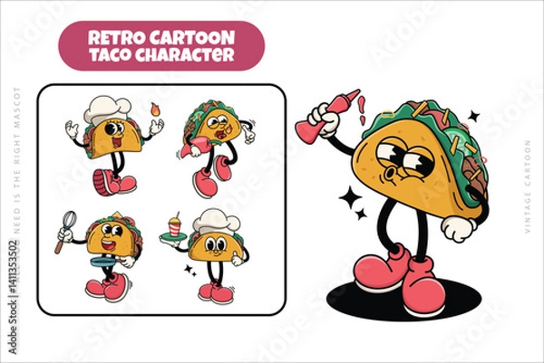 Fototapeta Set of Traditional Taco Cartoon Illustration with Varied Poses and Expressions