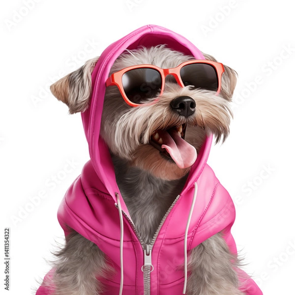 Fototapeta A dog with sunglasses and a pink hoodie sticking its tongue out on a transparent background portrait png