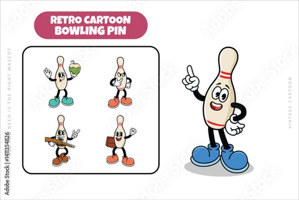 Fototapeta Set of Traditional Bowling Pin Cartoon Illustration with Varied Poses and Expressions