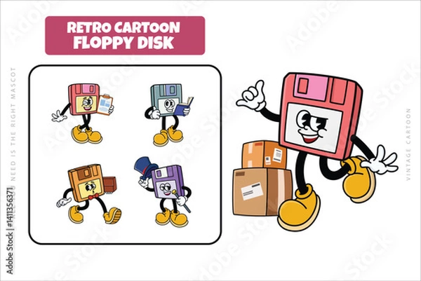Fototapeta Set of Traditional Floppy Disk Cartoon Illustration with Varied Poses and Expressions