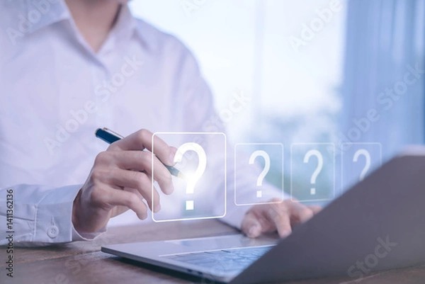 Fototapeta Question mark icon, query answer, challenge quiz, concept of business faq, solving problem, creative brainstorm. problem think the solution. Question mark on laptop