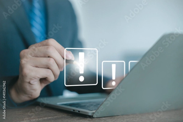 Fototapeta important point icon, hazard symbol, error sign. concept of warning and mistake in business information. Alert on laptop, exclamation mark