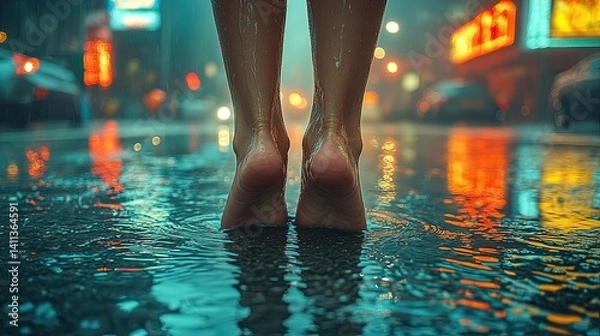 Obraz Woman's bare feet in a puddle in the rain on a city street.  The city lights are reflected in the water.