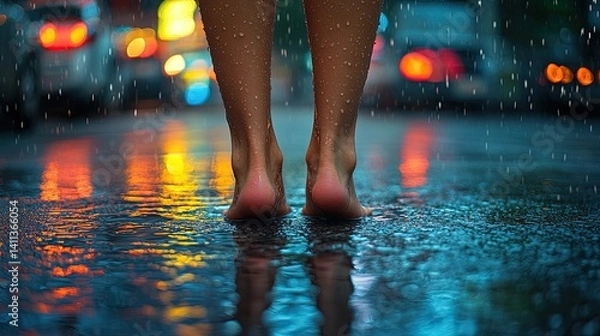 Obraz Woman's bare feet standing in a puddle on a rainy city street at night.