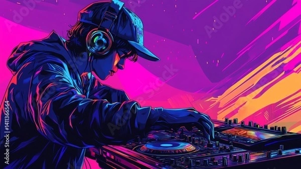 Fototapeta DJ mixing vibrant beats at a colorful party.