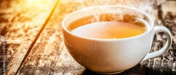Obraz Elegant white cup of tea on rustic wooden table evoking serenity and simple pleasures