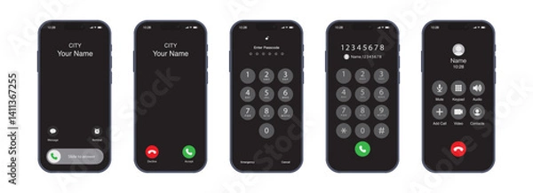 Fototapeta Smartphone Call App Interface – Incoming Call, Unlock, Hang up, Dial Pad, Passcode, and In-Call Screen UI on Mobile Phone Display. Vector Illustration