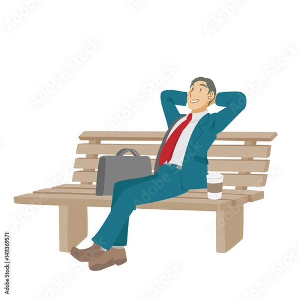 Obraz ベンチでくつろぐビジネスマン