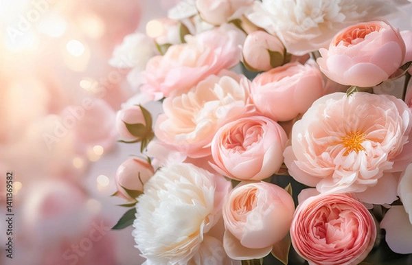Fototapeta Romantic floral background with soft-focus roses and peonies in pale pink and peach tones. Light-filled and dreamy. High-resolution, suitable for print and digital ads.