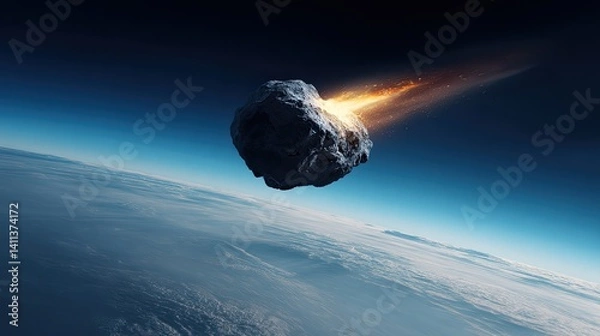 Obraz The massive asteroid drifts through space, a looming threat to our planet's existence. Space threat - huge asteroid. A meteorite flies over the surface of the Earth.