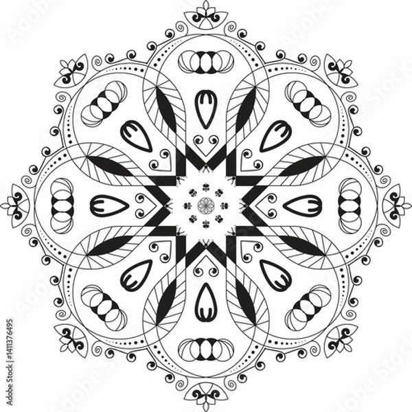 Fototapeta new black and white mandala vector isolated on white. Vector hand drawn circular decorative element and black background